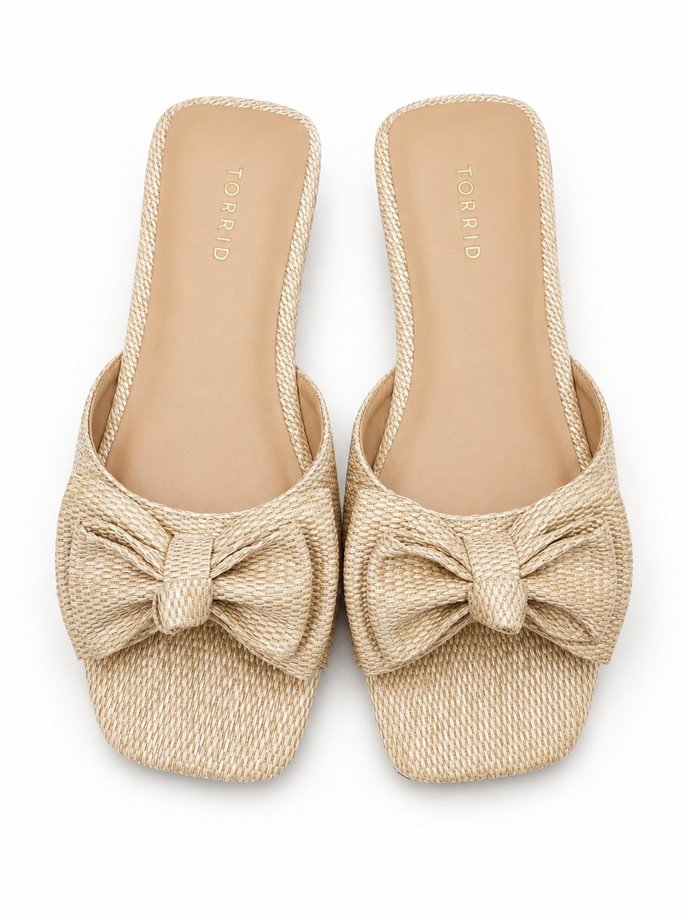 NWT Torrid WW Beige Raffia Bow Slide Sandals Square Toe Wide Width